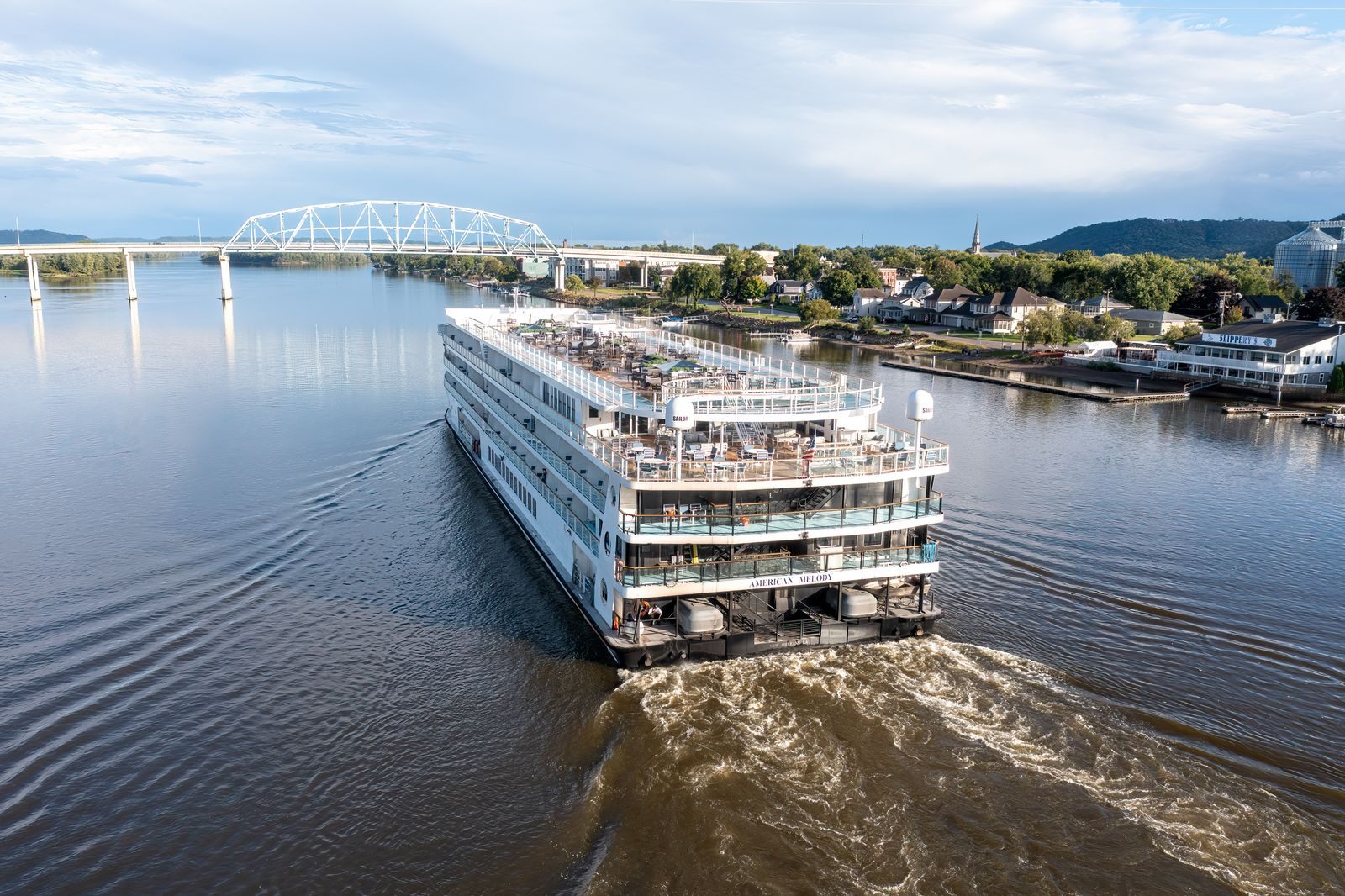 Aerial view of a modern American riverboat on the Upper Mississippi near Wabasha, Minnesota, one of the river cruise lines USA deals cover